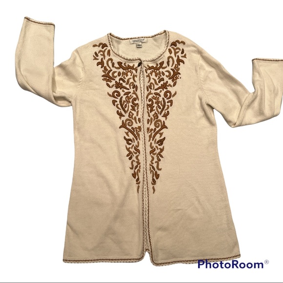 Coldwater Creek Cardigan Sweater. Embroidered. Cream with gold/tan accent Small - Picture 7 of 14